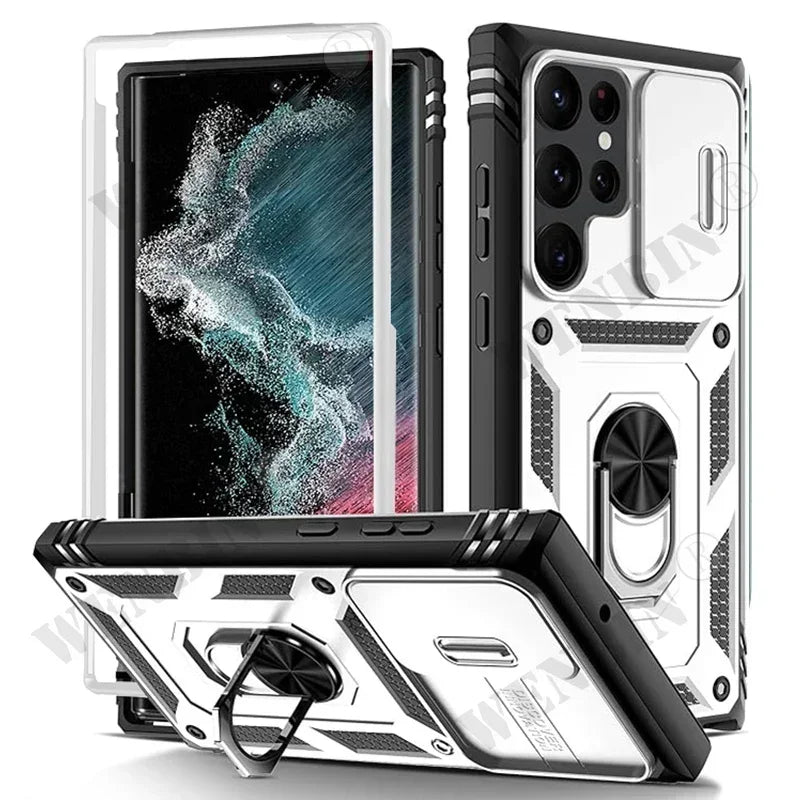 Heavy Duty Kickstand Case for Samsung Galaxy S23–S26 & A Series – 360° Camera Protection Cover for Ultra / Plus / FE / A17 / A16 / A57 / A56 / A37 / A36 5G