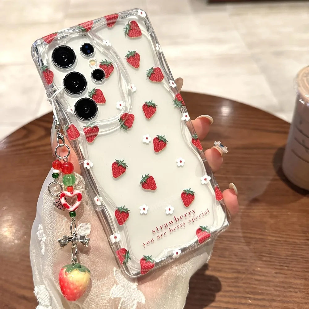 Cute Strawberry Pattern Phone Case for Samsung Galaxy S22–S26 & A Series – Transparent Protective Cover for Ultra / Plus / FE