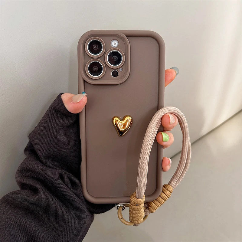 Cute Korean 3D Golden Love Heart Soft Case for iPhone 7–17 Series, Wrist Chain Strap Protective Cover