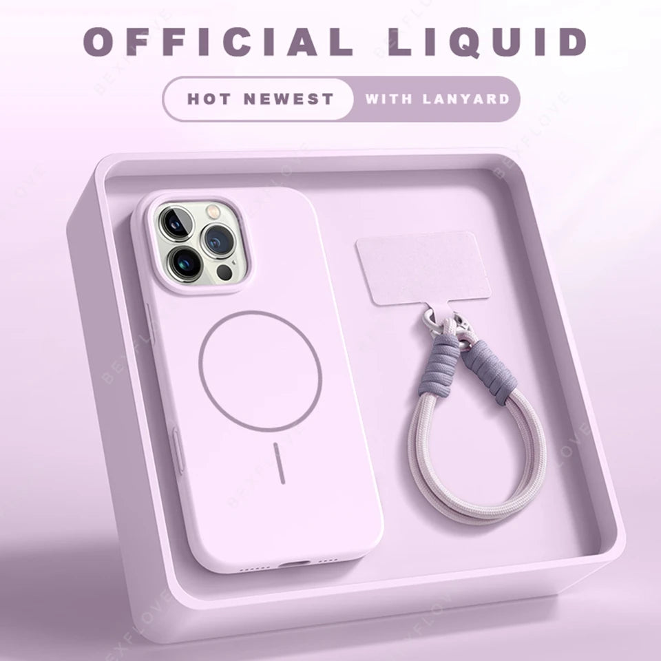 MagSafe Magnetic Lanyard Silicone Phone Case with Strap – Soft Protective Cover for iPhone 11-16 Series