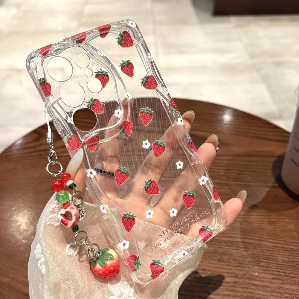 Cute Strawberry Pattern Phone Case for Samsung Galaxy S22–S26 & A Series – Transparent Protective Cover for Ultra / Plus / FE