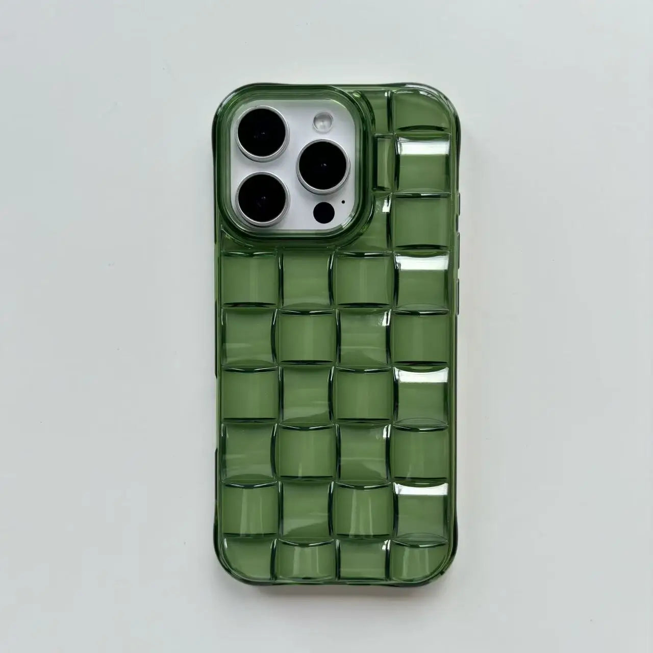 Green Woven Plaid Phone Case for iPhone 11–17 Series – 3D Cube Pattern Soft Transparent Protective Cover