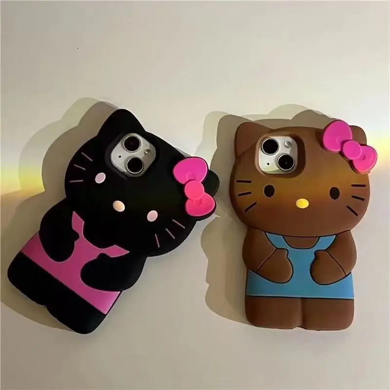 Bowknot Kitty Cat 3D Silicone Soft Phone Case for iPhone 4–17 Series, Cute Protective Cover