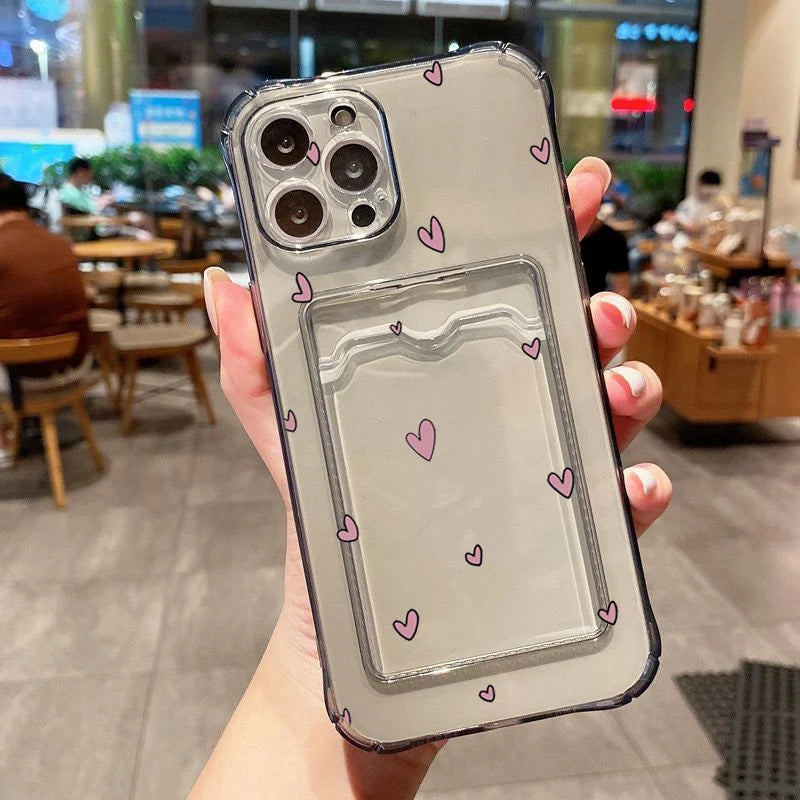 Love Heart Wallet Phone Case for iPhone 7–16 Series – Clear Card Holder Protective Cover