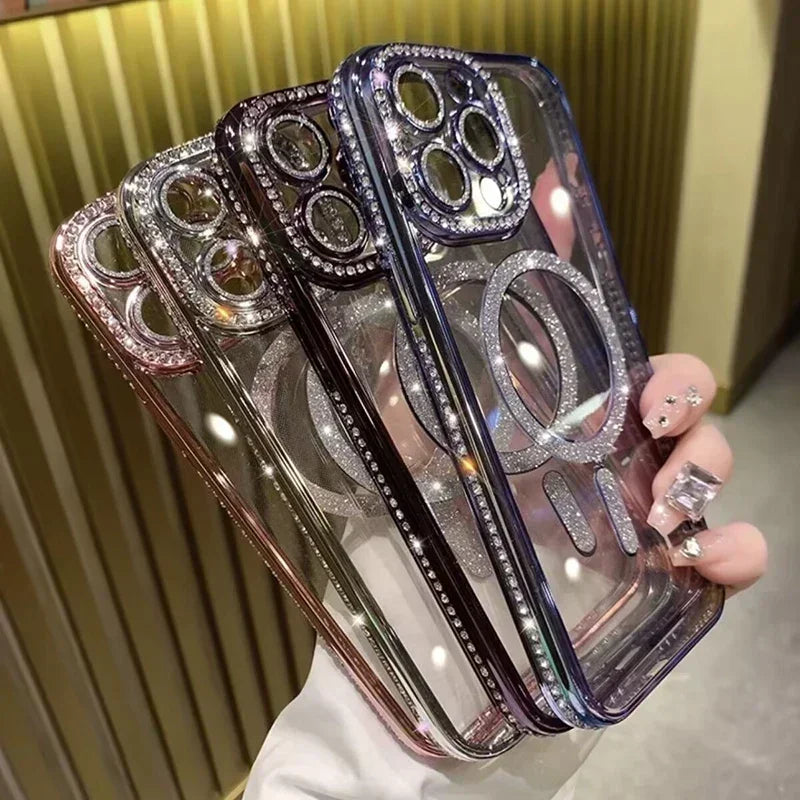 Glitter Diamond Transparent Phone Case for iPhone 11–17 Series – Magnetic Wireless Charging Bumper Cover
