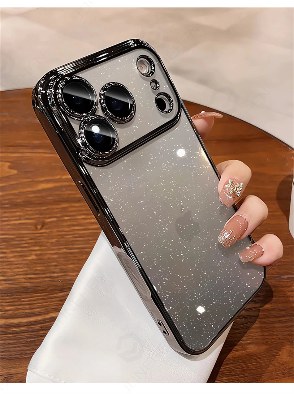 Luxury Transparent Glitter Clear Slim Case for iPhone 12–17 Series, Orange Painted Bumper Lens Protection Hard Cover