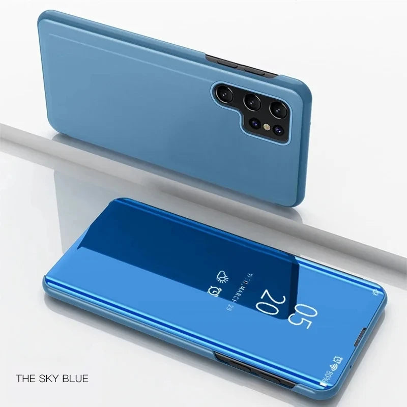 Luxury Mirror Flip Case for Samsung Galaxy S21–S26 Series – Shockproof Leather Texture Protective Cover