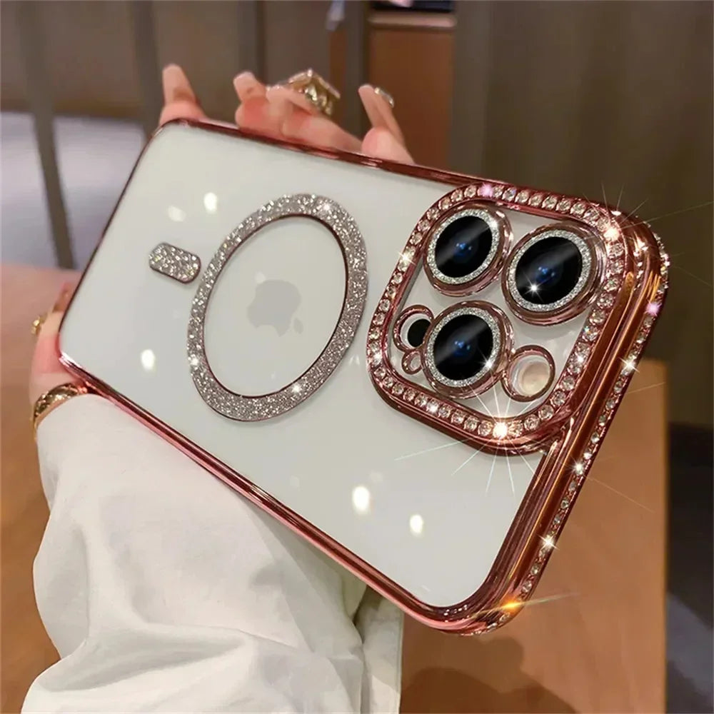 Glitter Diamond Transparent Phone Case for iPhone 11–17 Series – Magnetic Wireless Charging Bumper Cover