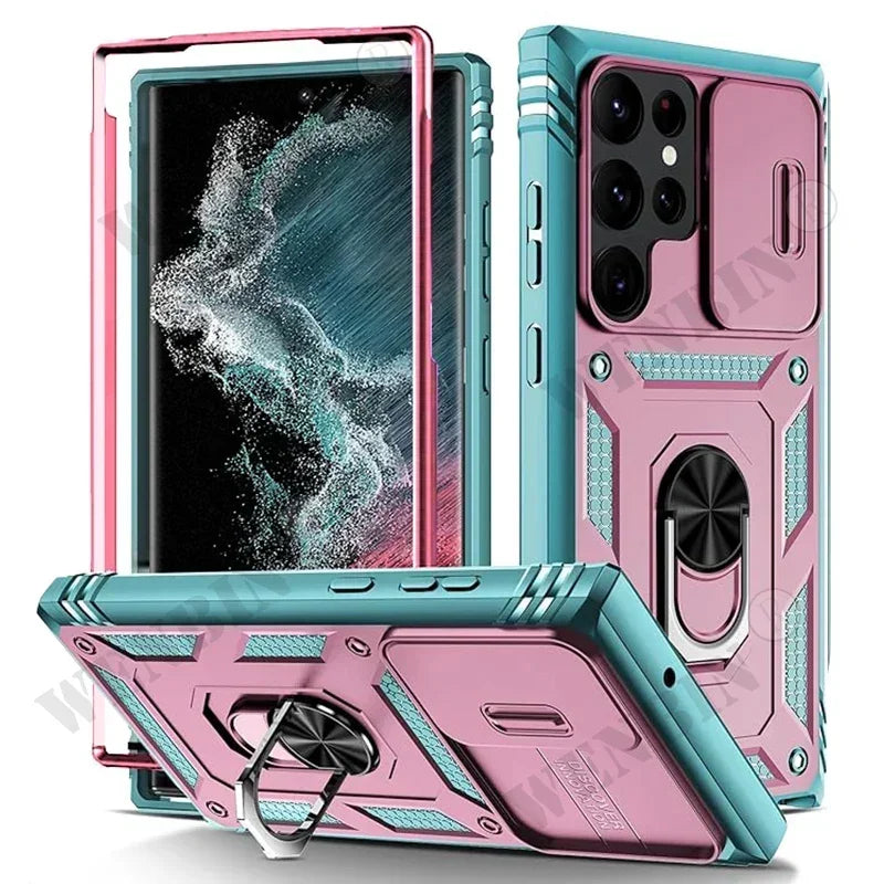Heavy Duty Kickstand Case for Samsung Galaxy S23–S26 & A Series – 360° Camera Protection Cover for Ultra / Plus / FE / A17 / A16 / A57 / A56 / A37 / A36 5G