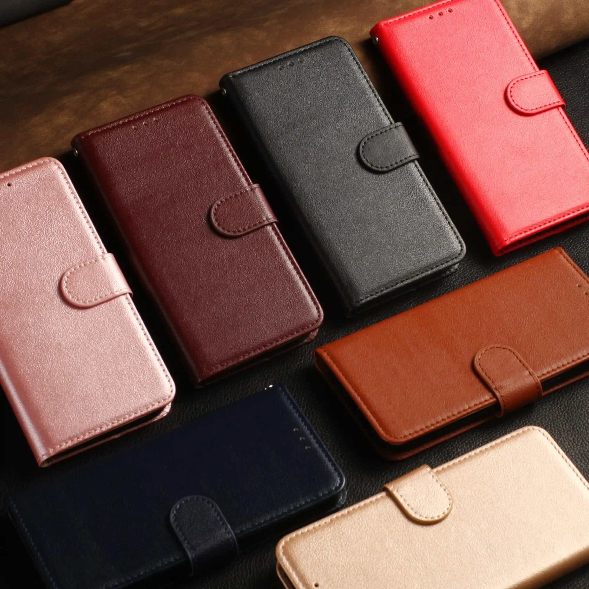 Leather Flip Wallet Stand Case for iPhone 6–15 Series, Protective Cover