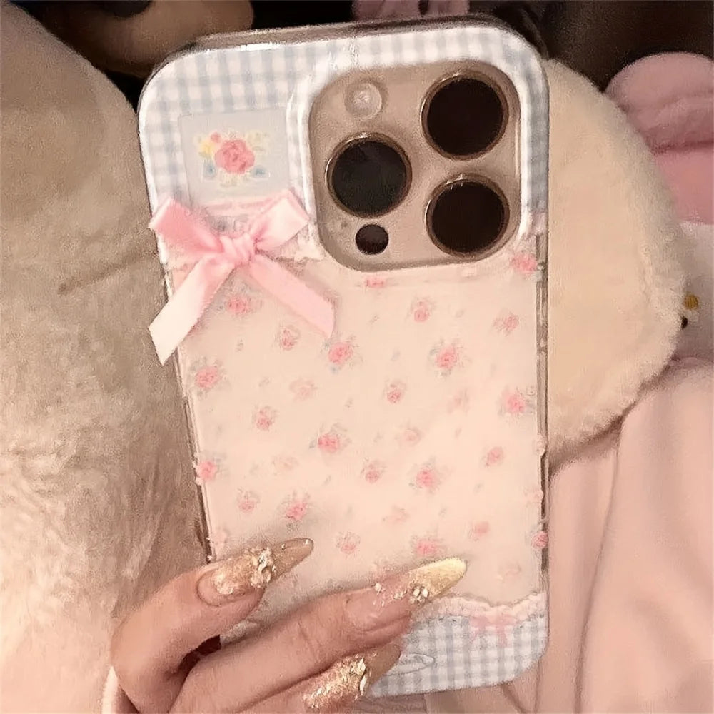Retro Plaid Floral Bowknot Phone Case for iPhone 7–17 Series – Korean Style Soft Protective Cover