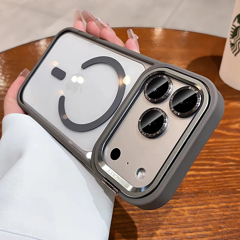 MagSafe Camera Bracket Phone Case for iPhone 11–17 Series – Protective Cover with Wrist Strap, Lens Film & Camera Stand