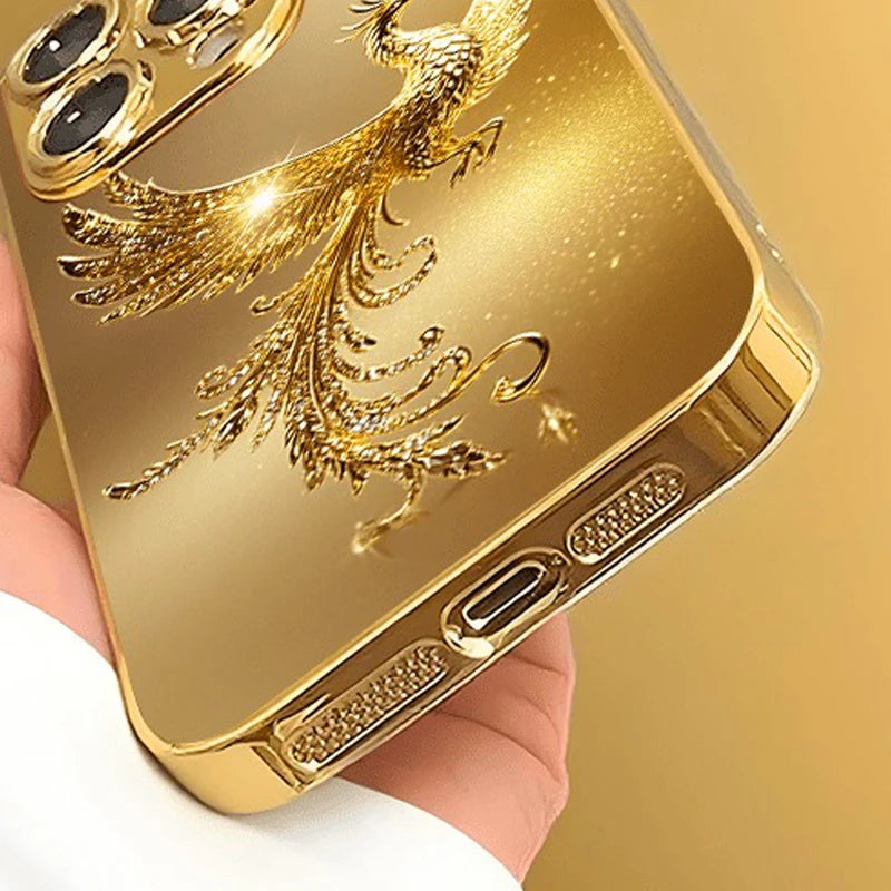 Golden Phoenix Metallic Glass Phone Case for iPhone 11–17 Series – Luxury Diamond Pattern Protective Cover