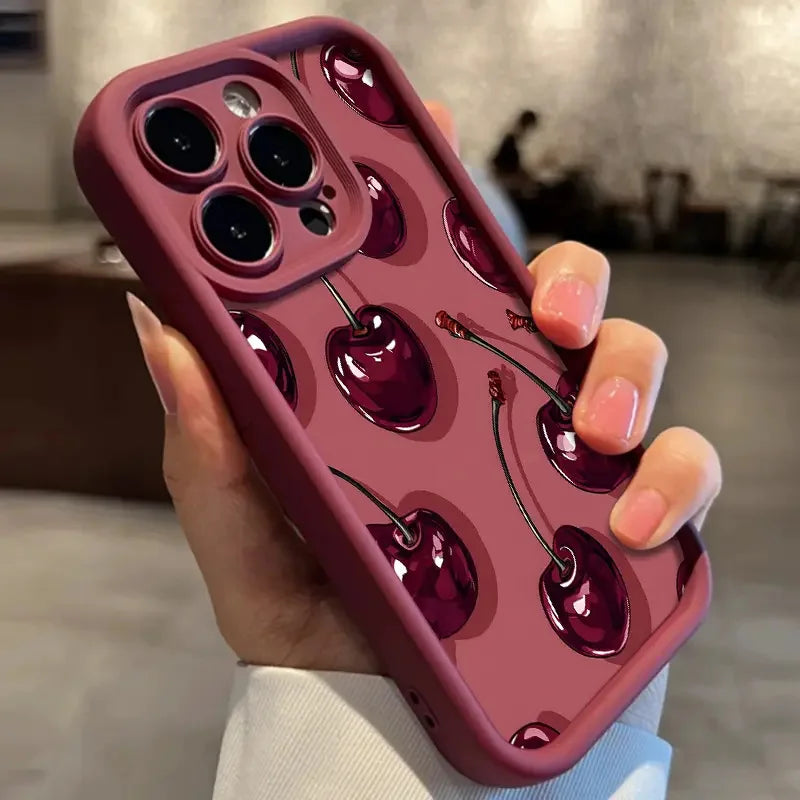 Wine Red Cherry Print Phone Case for iPhone 7–17 Series – Luxury Shockproof Silicone Protective Cover