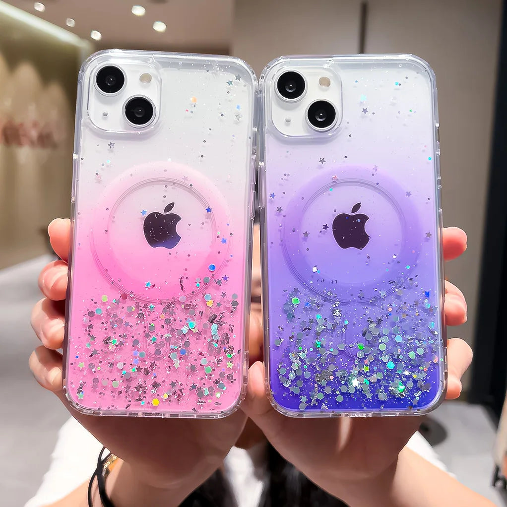 Gradient Glitter Sequins Magnetic Phone Case for iPhone 7–17 Series, MagSafe Compatible Protective Cover