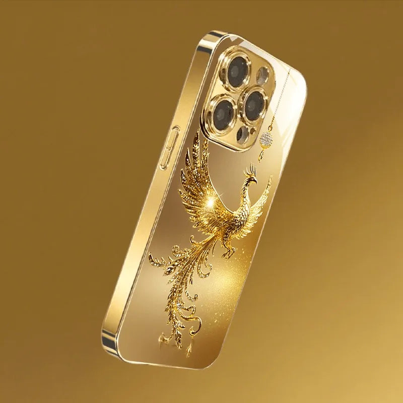 Golden Phoenix Metallic Glass Phone Case for iPhone 11–17 Series – Luxury Diamond Pattern Protective Cover