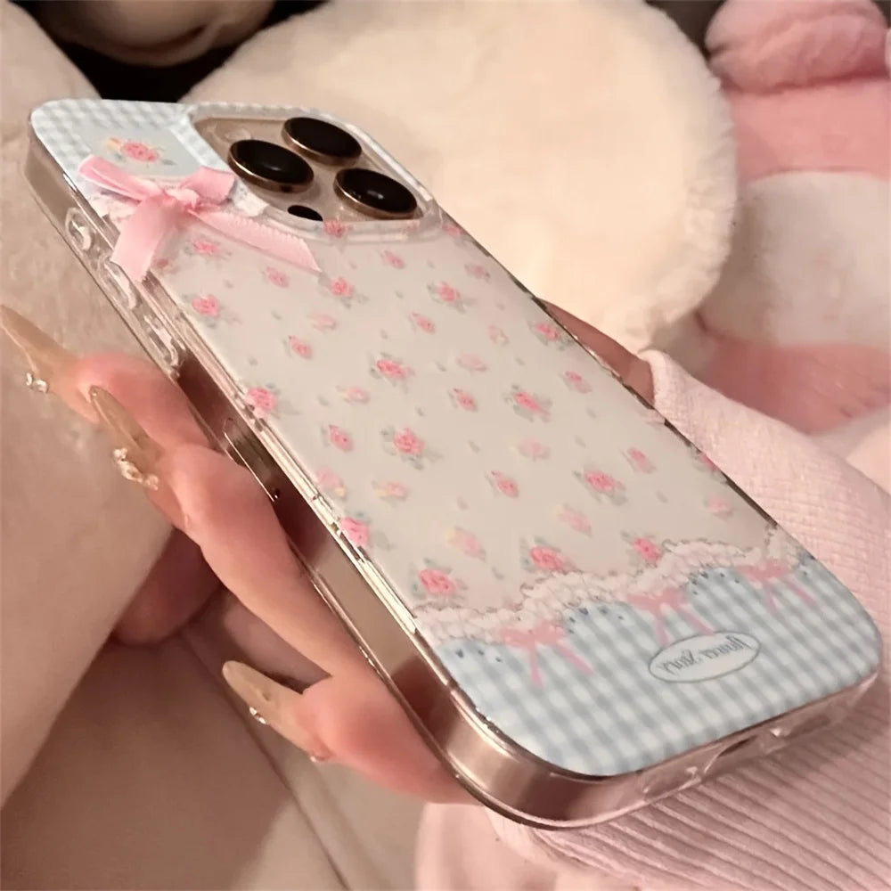 Retro Plaid Floral Bowknot Phone Case for iPhone 7–17 Series – Korean Style Soft Protective Cover