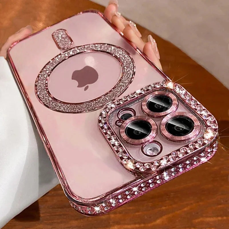 Glitter Diamond Transparent Phone Case for iPhone 11–17 Series – Magnetic Wireless Charging Bumper Cover