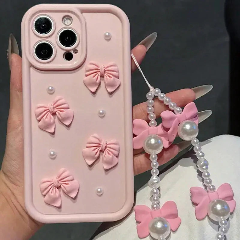 3D Bowknot Pearl Silicone Phone Case for iPhone 7–17 Series – Korean Style Soft Protective Cover with Lanyard