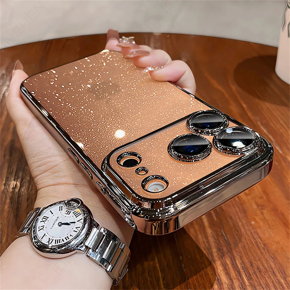 Luxury Transparent Glitter Clear Slim Case for iPhone 12–17 Series, Orange Painted Bumper Lens Protection Hard Cover