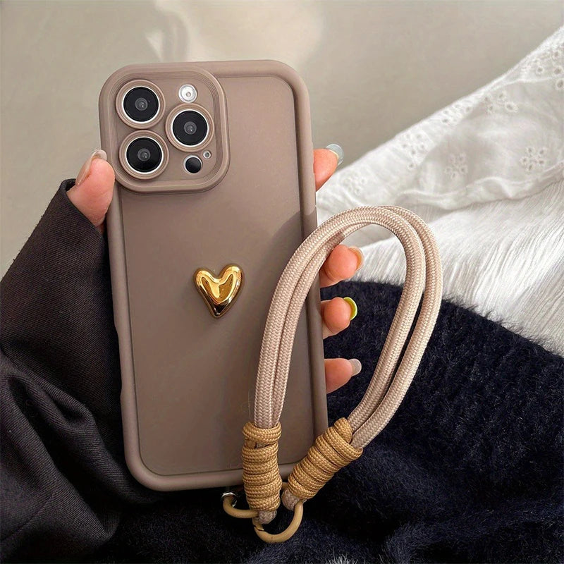 Cute Korean 3D Golden Love Heart Soft Case for iPhone 7–17 Series, Wrist Chain Strap Protective Cover