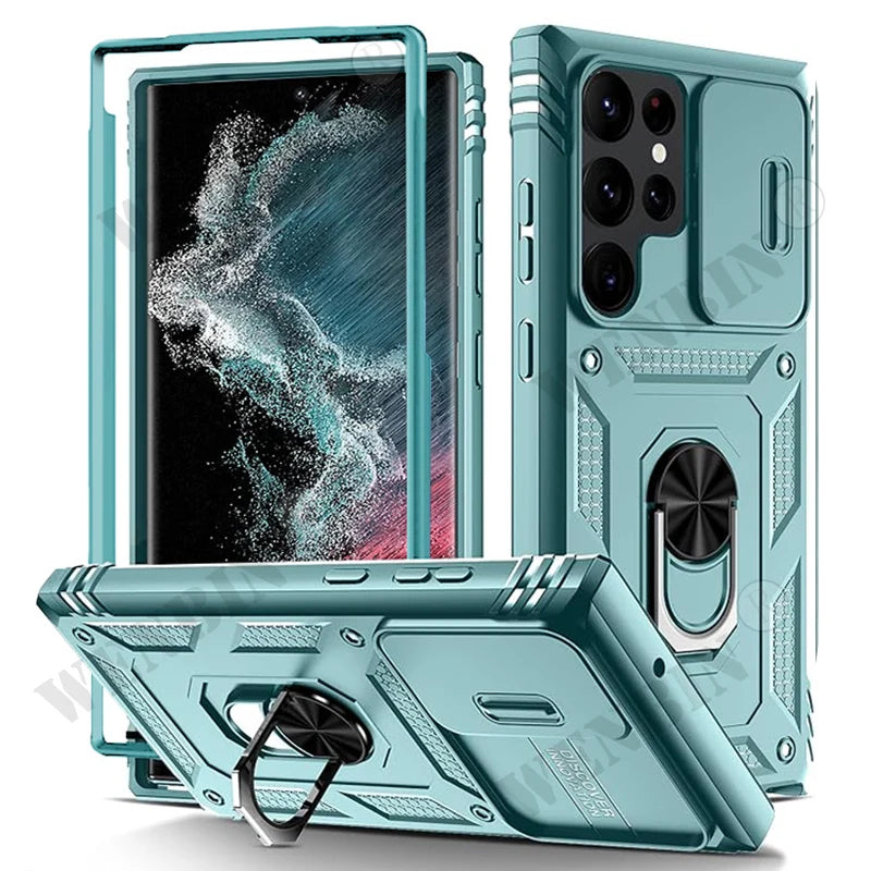 Heavy Duty Kickstand Case for Samsung Galaxy S23–S26 & A Series – 360° Camera Protection Cover for Ultra / Plus / FE / A17 / A16 / A57 / A56 / A37 / A36 5G