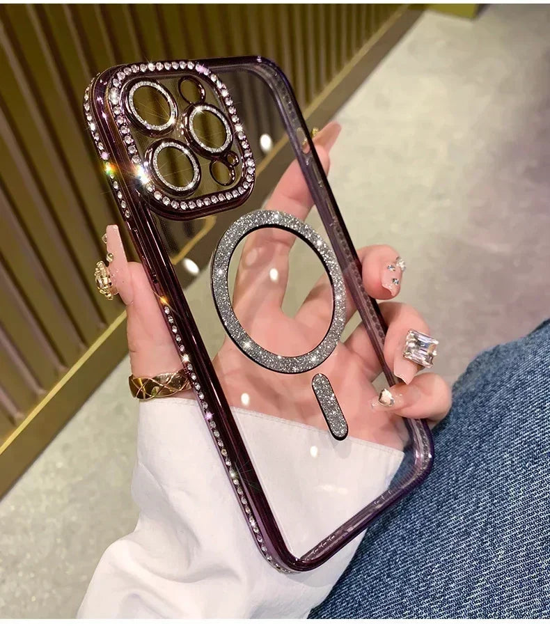 Glitter Diamond Transparent Phone Case for iPhone 11–17 Series – Magnetic Wireless Charging Bumper Cover