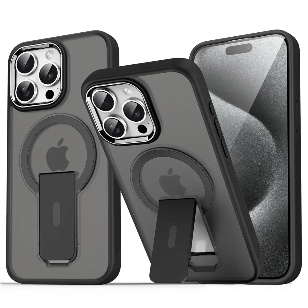Luxury MagSafe Folding Stand Case for iPhone 11–16 Series – Magnetic Matte Translucent Protective Back Cover