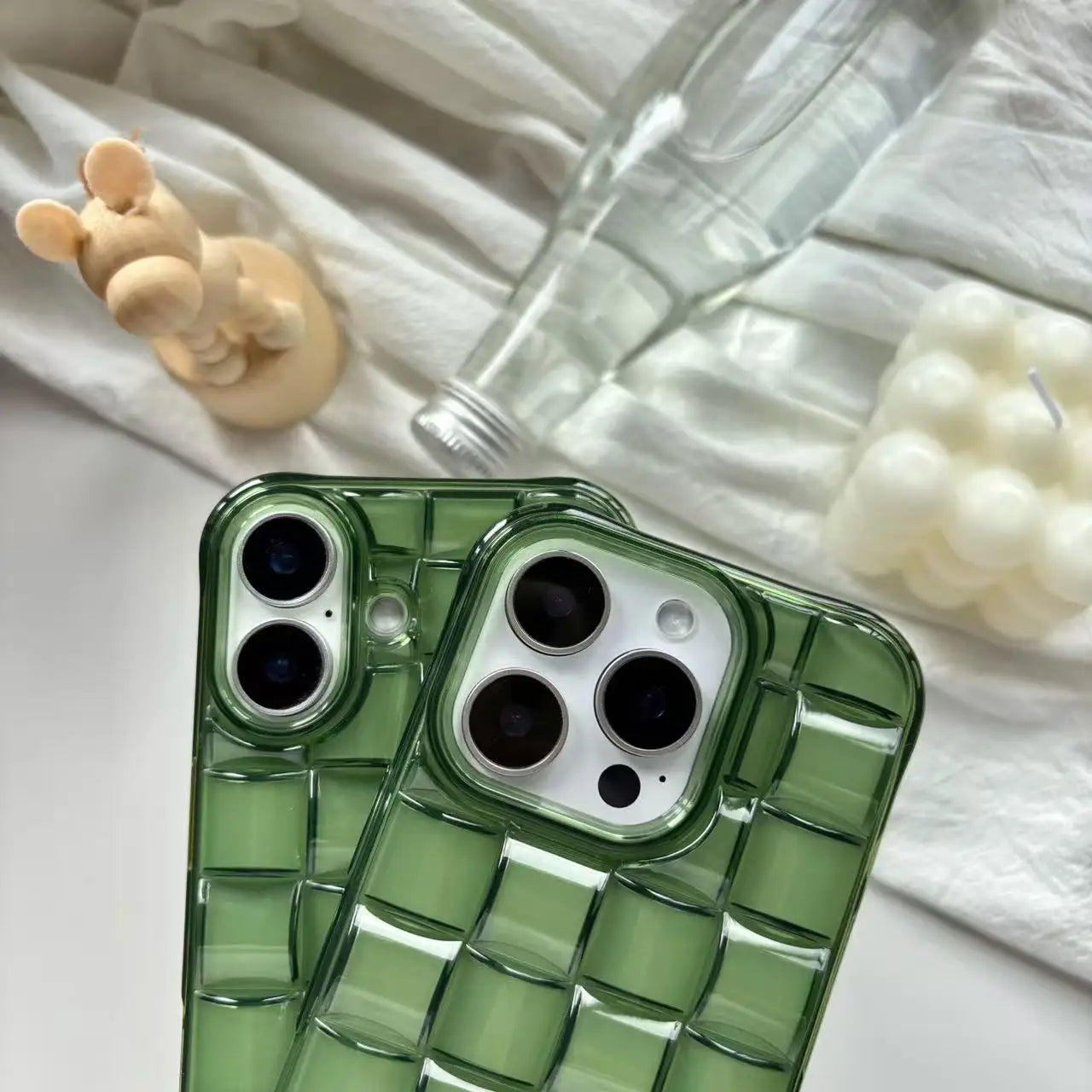 Green Woven Plaid Phone Case for iPhone 11–17 Series – 3D Cube Pattern Soft Transparent Protective Cover