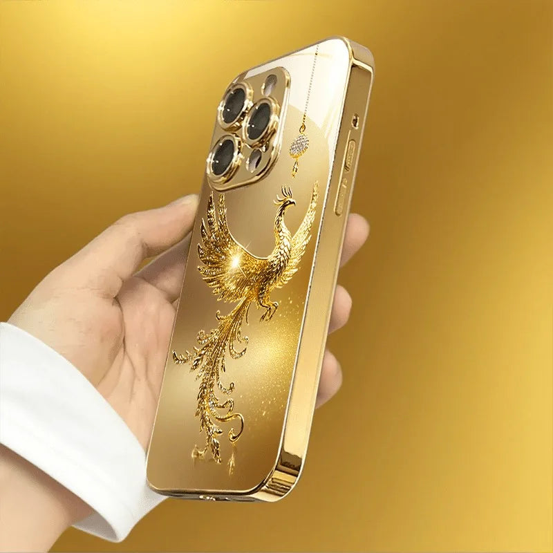 Golden Phoenix Metallic Glass Phone Case for iPhone 11–17 Series – Luxury Diamond Pattern Protective Cover