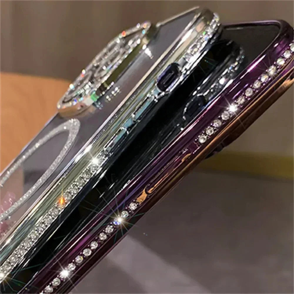 Glitter Diamond Transparent Phone Case for iPhone 11–17 Series – Magnetic Wireless Charging Bumper Cover
