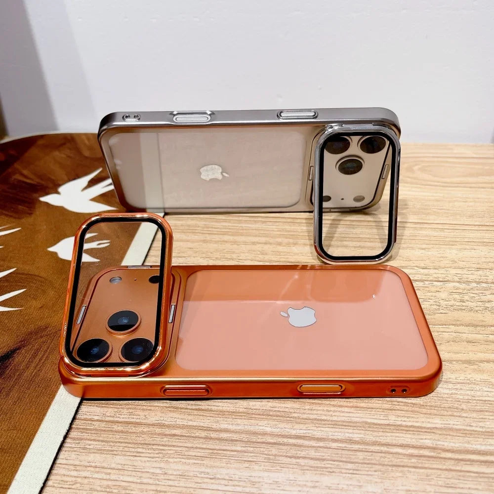 Ultra Thin Transparent Camera Stand Case for iPhone 17 / 17 Pro / 17 Air / 17 Pro Max – Plated Glass Shockproof Cover