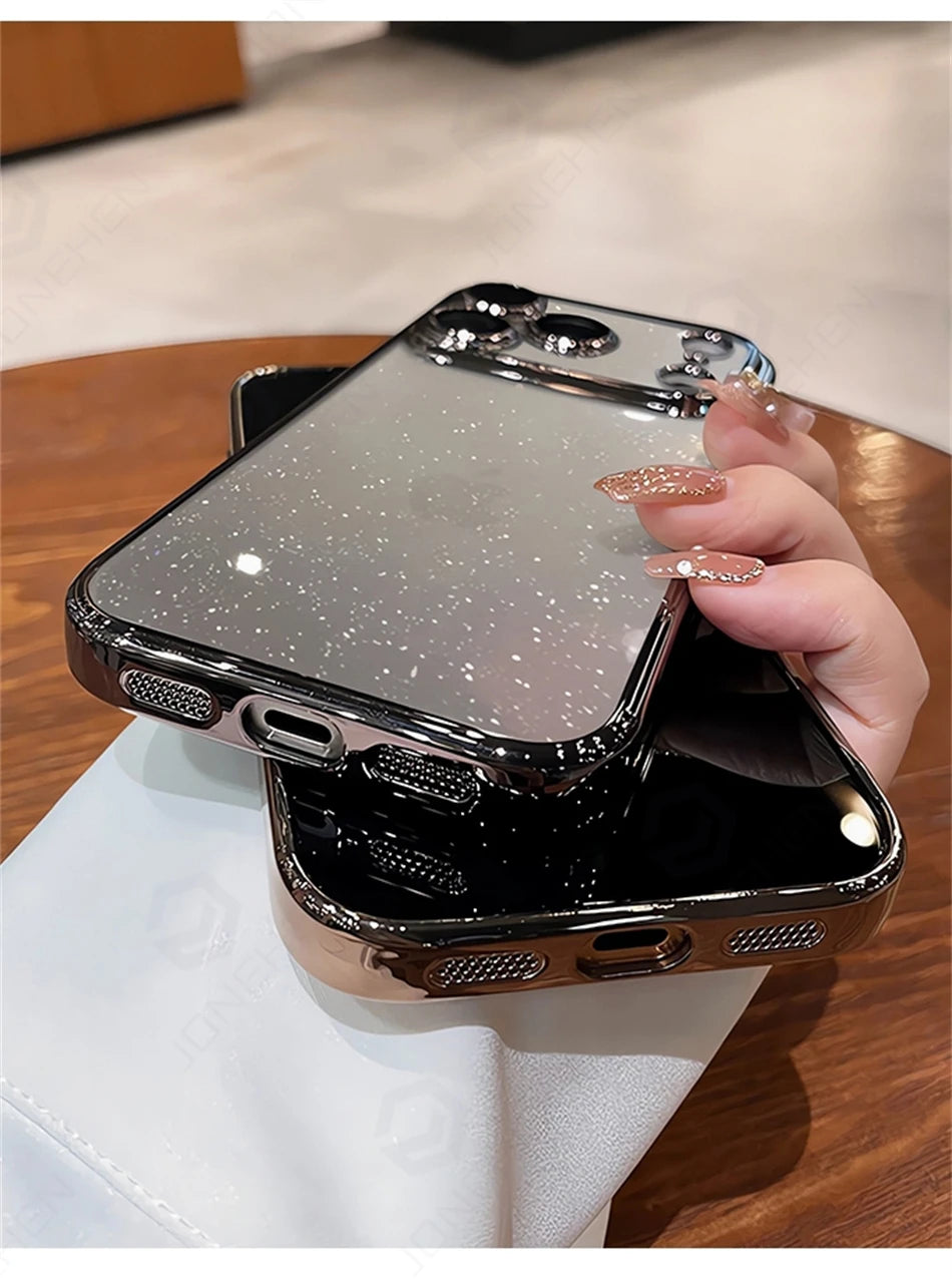 Luxury Transparent Glitter Clear Slim Case for iPhone 12–17 Series, Orange Painted Bumper Lens Protection Hard Cover
