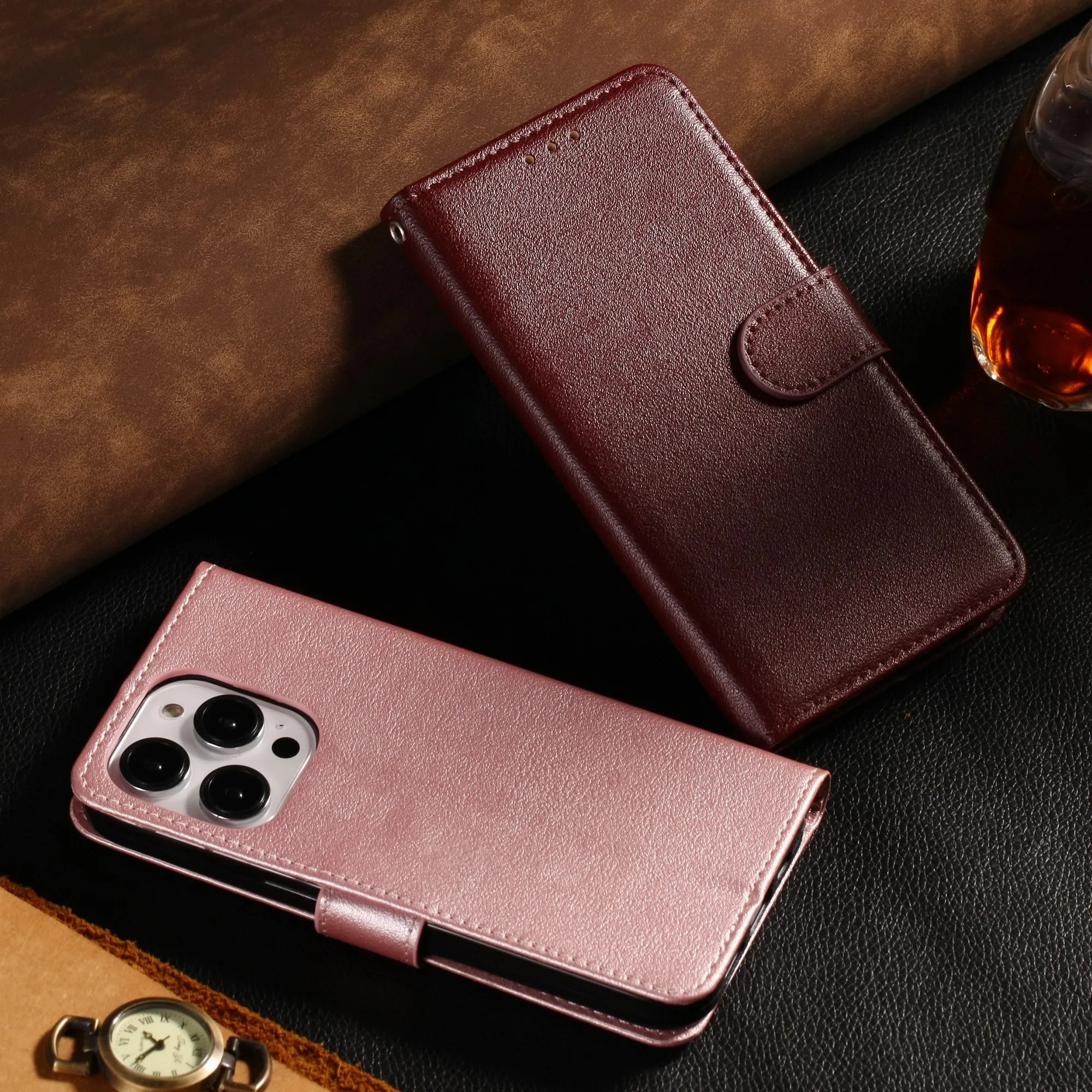 Leather Flip Wallet Stand Case for iPhone 6–15 Series, Protective Cover