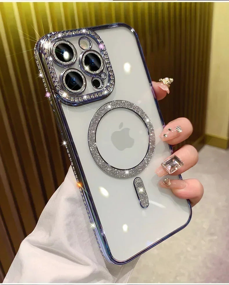 Glitter Diamond Transparent Phone Case for iPhone 11–17 Series – Magnetic Wireless Charging Bumper Cover
