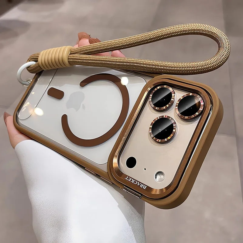 MagSafe Camera Bracket Phone Case for iPhone 11–17 Series – Protective Cover with Wrist Strap, Lens Film & Camera Stand
