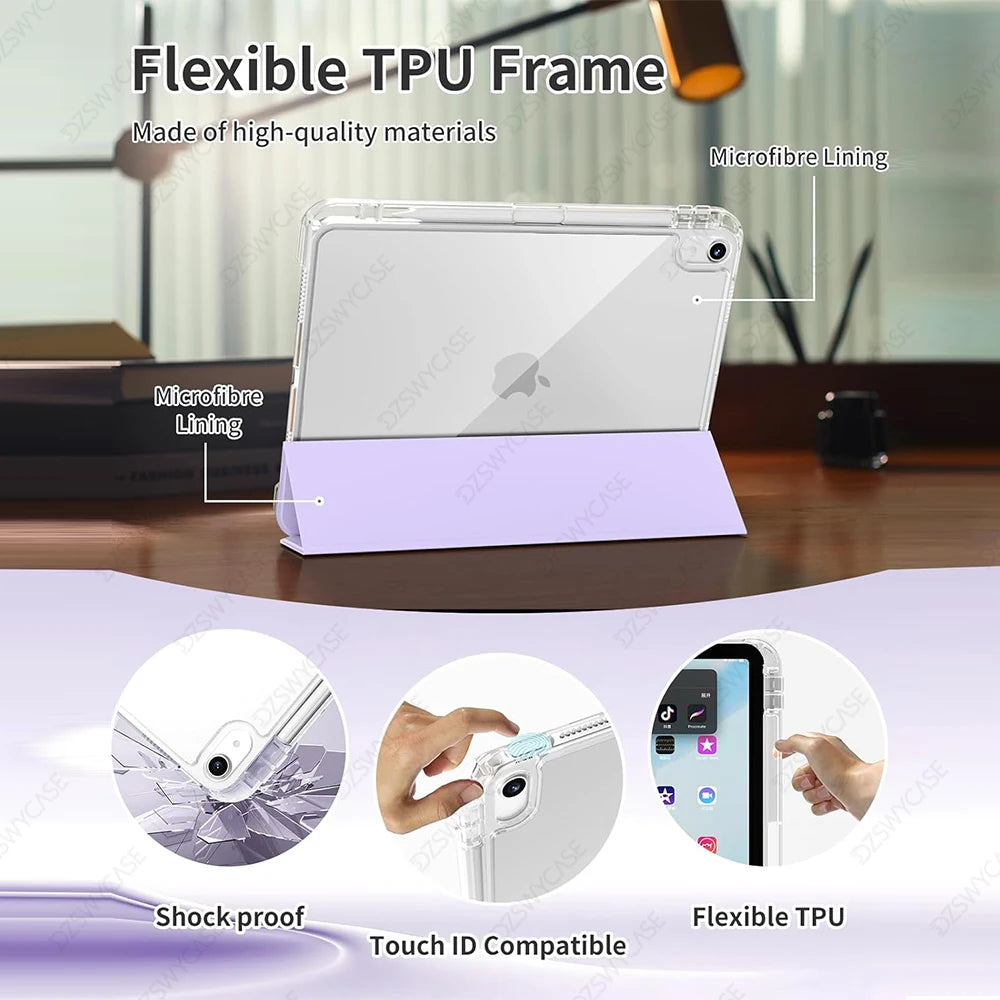 Clear iPad Case with Pencil Holder for iPad 9.7"–13" Series – Protective Transparent Cover for iPad Air / Pro / Mini / 5th–11th Gen / M2 / M3 / M4