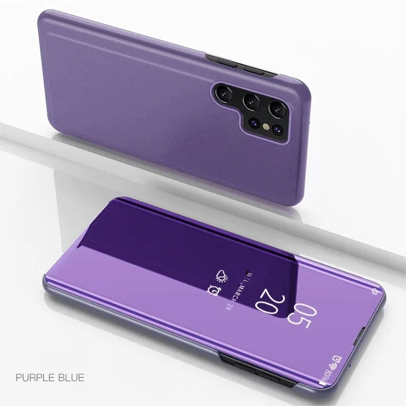 Luxury Mirror Flip Case for Samsung Galaxy S21–S26 Series – Shockproof Leather Texture Protective Cover