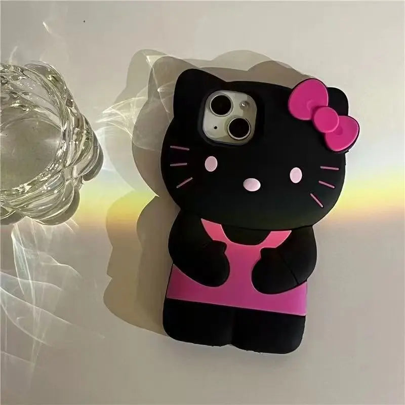 Bowknot Kitty Cat 3D Silicone Soft Phone Case for iPhone 4–17 Series, Cute Protective Cover