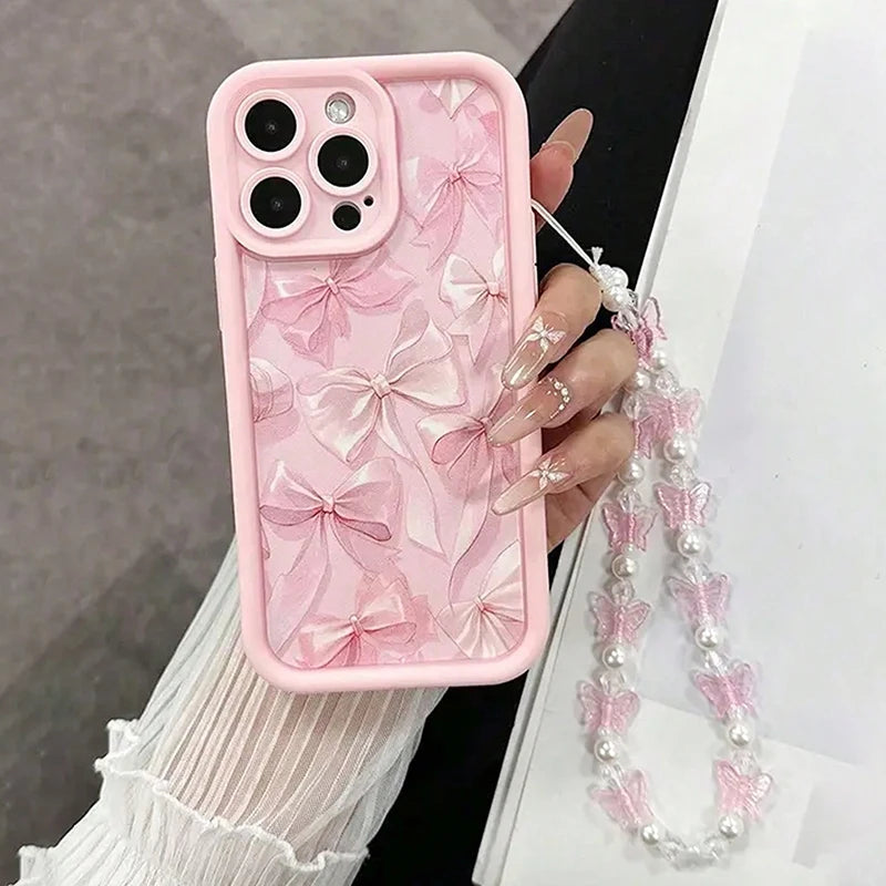 Pink Bow Silicone Phone Case for iPhone 7–17 Series – Cute Butterfly Charm Protective Cover iPhone
