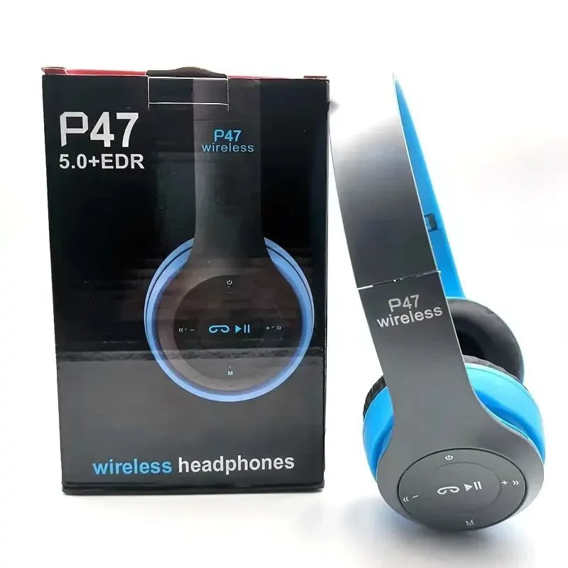 P47 Bluetooth Wireless Headphones – Foldable HiFi Stereo Bass Earphones with Mic & USB Adapter for iPhone, Gaming & Kids